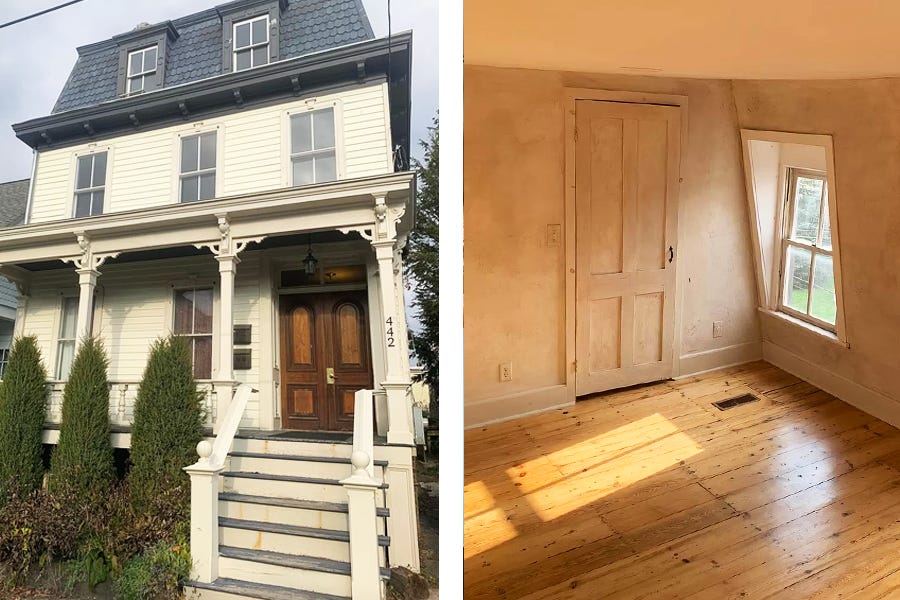 A cream colored victorian home with grey roof and front porch. to the left is an image of a bare room with old wood floors a window sunlight is pouring through.