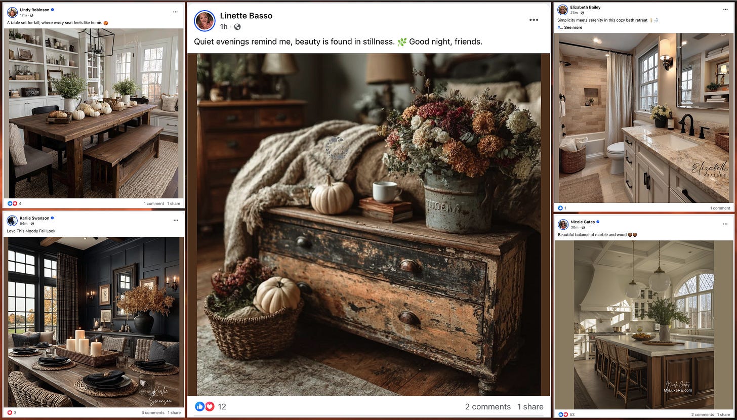 five Facebook posts featuring AI-generated images of home interiors five Facebook posts featuring AI-generated images of home interiors