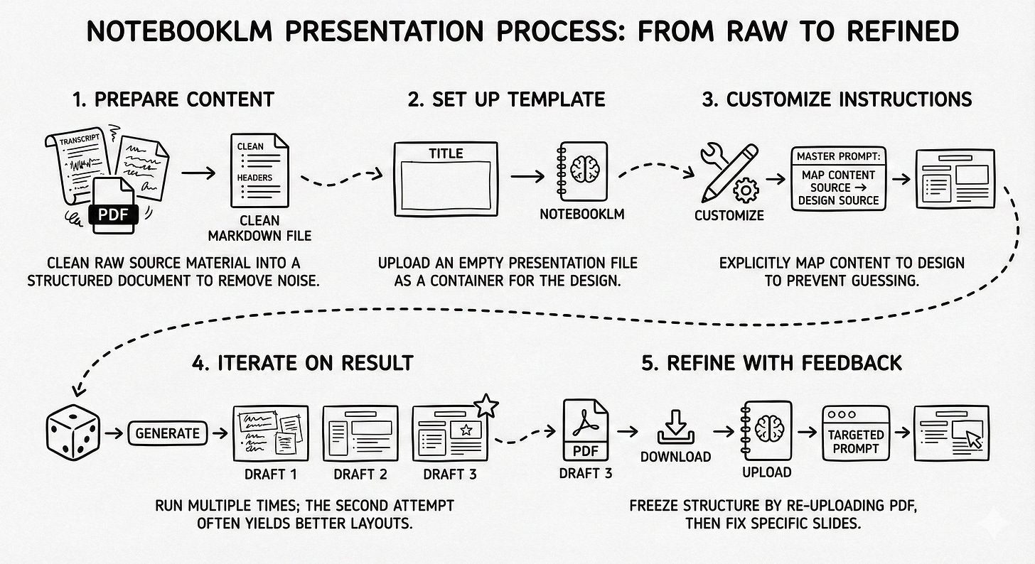 A flowchart diagram titled "NotebookLM Presentation Process" showing five sequential steps: Prepare Content, Set Up Template, Customize Instructions, Iterate on Result, and Refine with Feedback.