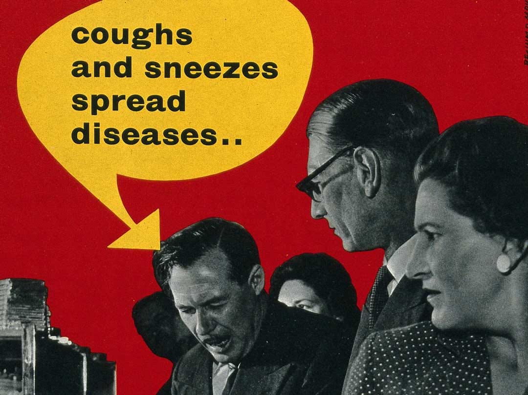 Sneezing Etiquette (Be A Courteous Sneezer!), by Reginald Mount for the Great Britain Central Office of Information, (1940s) CC-BY 4.0