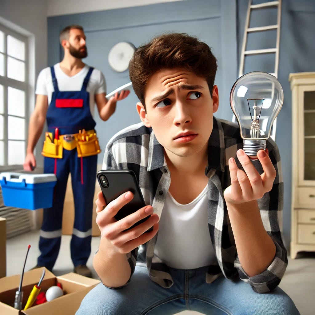 An image portraying a millennial or Gen Z individual holding a smartphone, looking confused or frustrated while staring at a basic home task like a lightbulb that needs changing. The scene highlights the contrast between being skilled with technology but 'handless' when it comes to basic DIY tasks. In the background, a tradesman appears confident and capable, ready to assist. The setting should emphasize the dependency on professionals for simple tasks, with the younger person surrounded by modern tech but unable to handle the practical challenge.