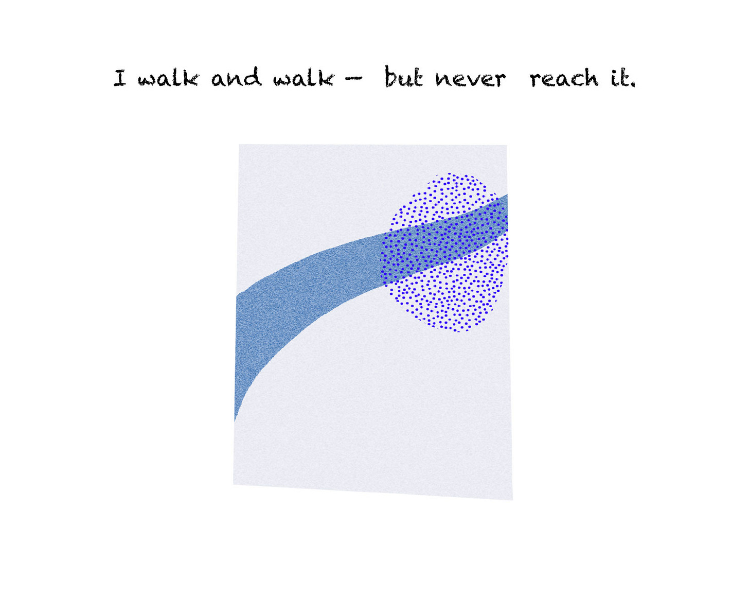 The second frame shows a blue path-like shape curving from the bottom left toward the center. The purple stippled oval of mist has moved to the right, still appearing as a separate object in the distance. The second frame shows a blue path-like shape curving from the bottom left toward the center. The purple stippled oval of mist has moved to the right, still appearing as a separate object in the distance.