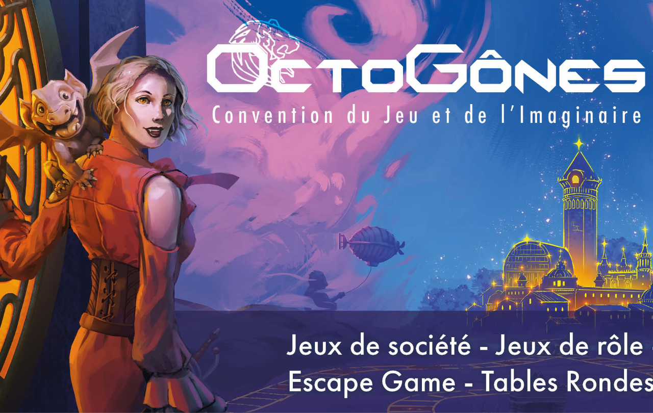 The Octogônes 2026 banner. A steampunk-era adventurer woman with a cute lil dragon on her shoulder looks back, smiling. In the distance, a glowing late 1800s European (French) city and its train station glows. The Octogônes 2026 banner. A steampunk-era adventurer woman with a cute lil dragon on her shoulder looks back, smiling. In the distance, a glowing late 1800s European (French) city and its train station glows.