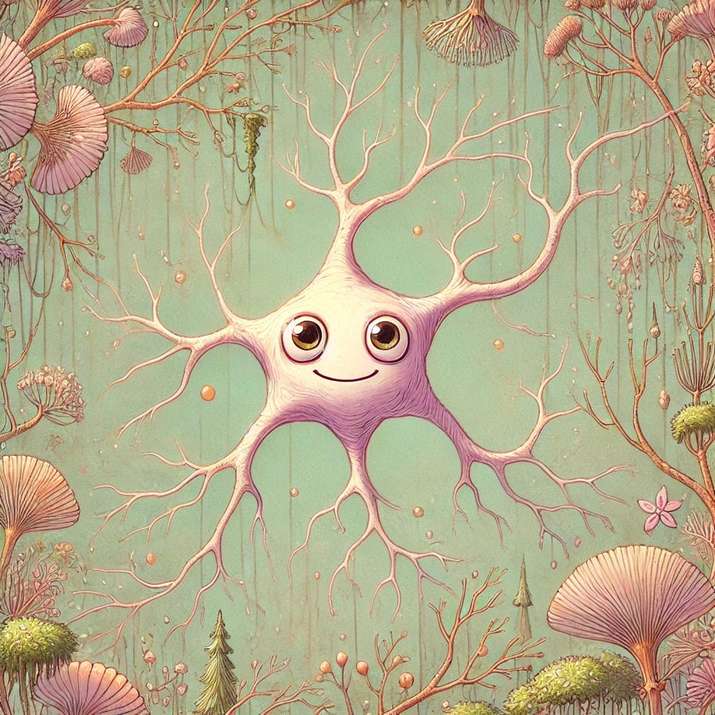 A detailed, whimsical illustration of a neuron depicted in the artistic style of Studio Ghibli. The neuron has a central cell body (soma) with large, expressive eyes, gently smiling, surrounded by branching dendrites resembling delicate tree branches. The axon gracefully extends outward, like a winding river or path, adorned with tiny leaves, moss, and subtle flowers, blending harmoniously with a lush, peaceful forest background. Soft, warm, pastel colors dominate, creating a cozy, dreamy, magical atmosphere characteristic of Studio Ghibli films.