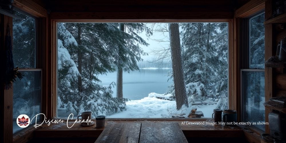 A snowy Canadian lake seen through a cabin window with soft winter light.