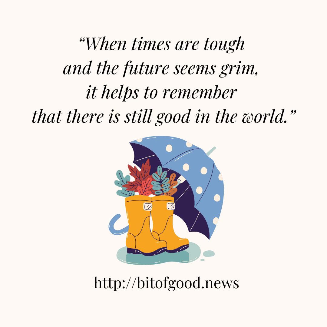 Promo for A Bit of Good News features an umbrella, leaves and wellies and a quote from me that notes "When times are tough and the future seems grim, it helps to remember that there is still good in the world."