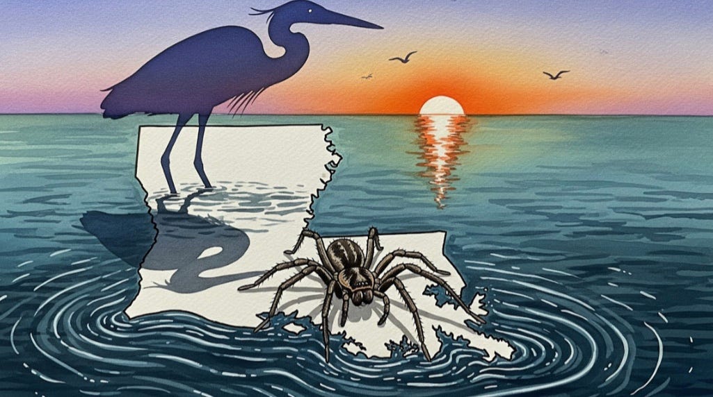 Silloette of Great Heron and its shadow over the image of a sinking Louisiana into the bayou and a Scuba Spider.