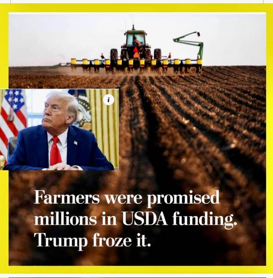 May be an image of 3 people and text that says 'i Farmers were promised millions in USDA funding. Trump froze it.'