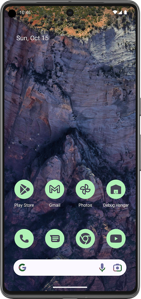 A series of screenshot outlining an Android device showcasing 4 app icons having the same color based on the user's preference of the theme selected.