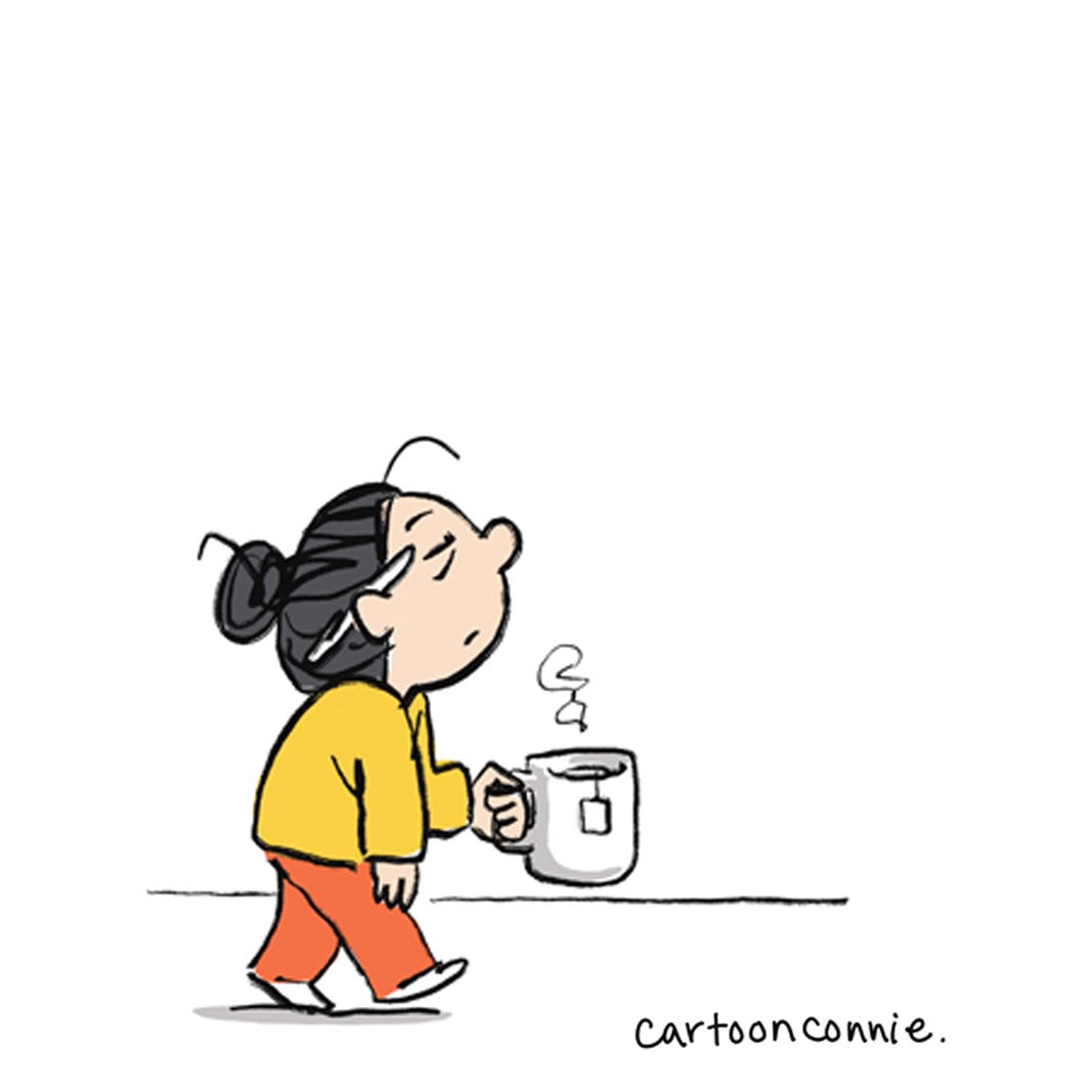 Illustration of a cartoon girl with a large mug of tea. Excerpt from a comic strip titled "Pep Talk in a Cup," 2025. Original art by Connie Sun, cartoonconnie