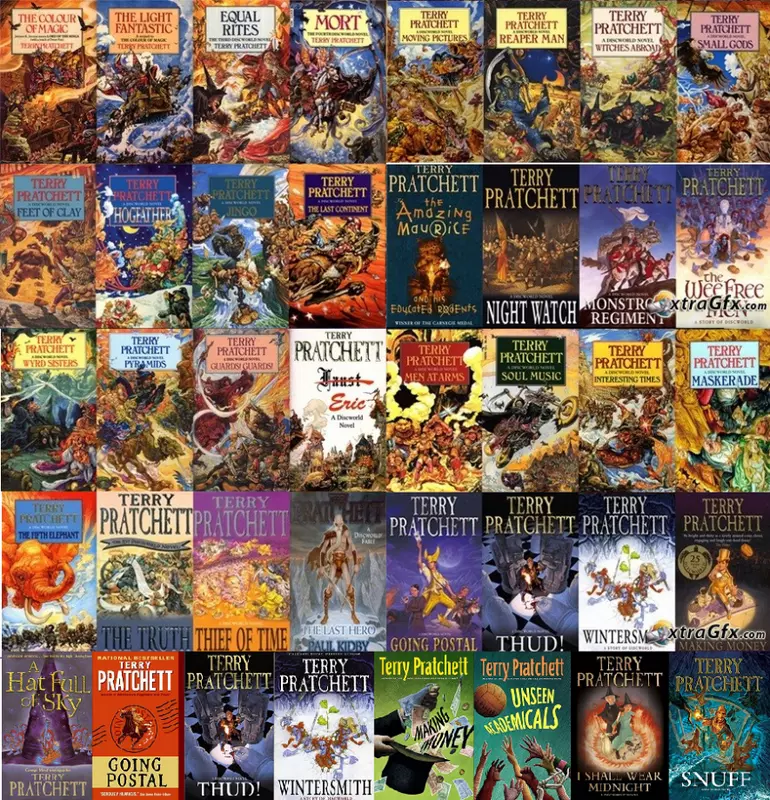 The covers of the first 40 of Terry Pratchett's fantastic (in every sense) "Discworld" novels