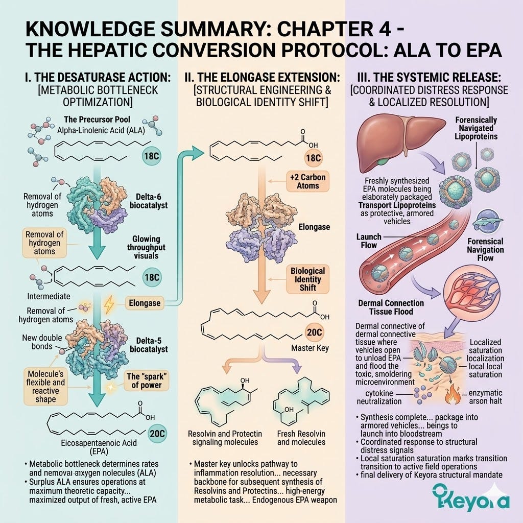 Hepatic desaturase and elongase enzymes execute the carbon chain upgrade to EPA, triggering ATP Synthesis to neutralize the Neuro-Endocrine Storm. Hepatic desaturase and elongase enzymes execute the carbon chain upgrade to EPA, triggering ATP Synthesis to neutralize the Neuro-Endocrine Storm.