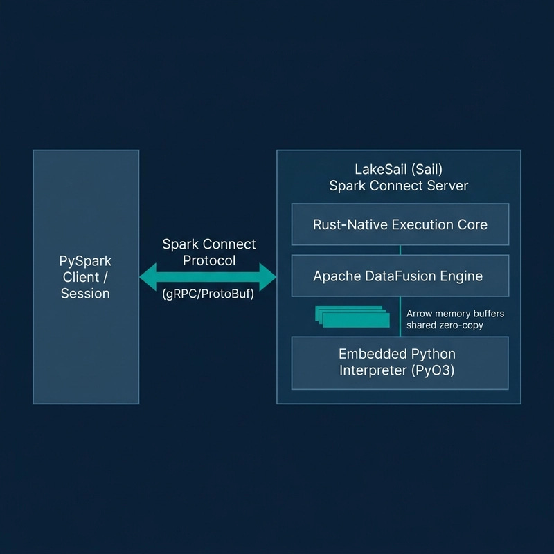 LakeSail Spark Connect architecture showing PySpark client communicating over gRPC to a Rust-native Spark Connect server with DataFusion and PyO3 embedded UDF zero-copy memory buffers