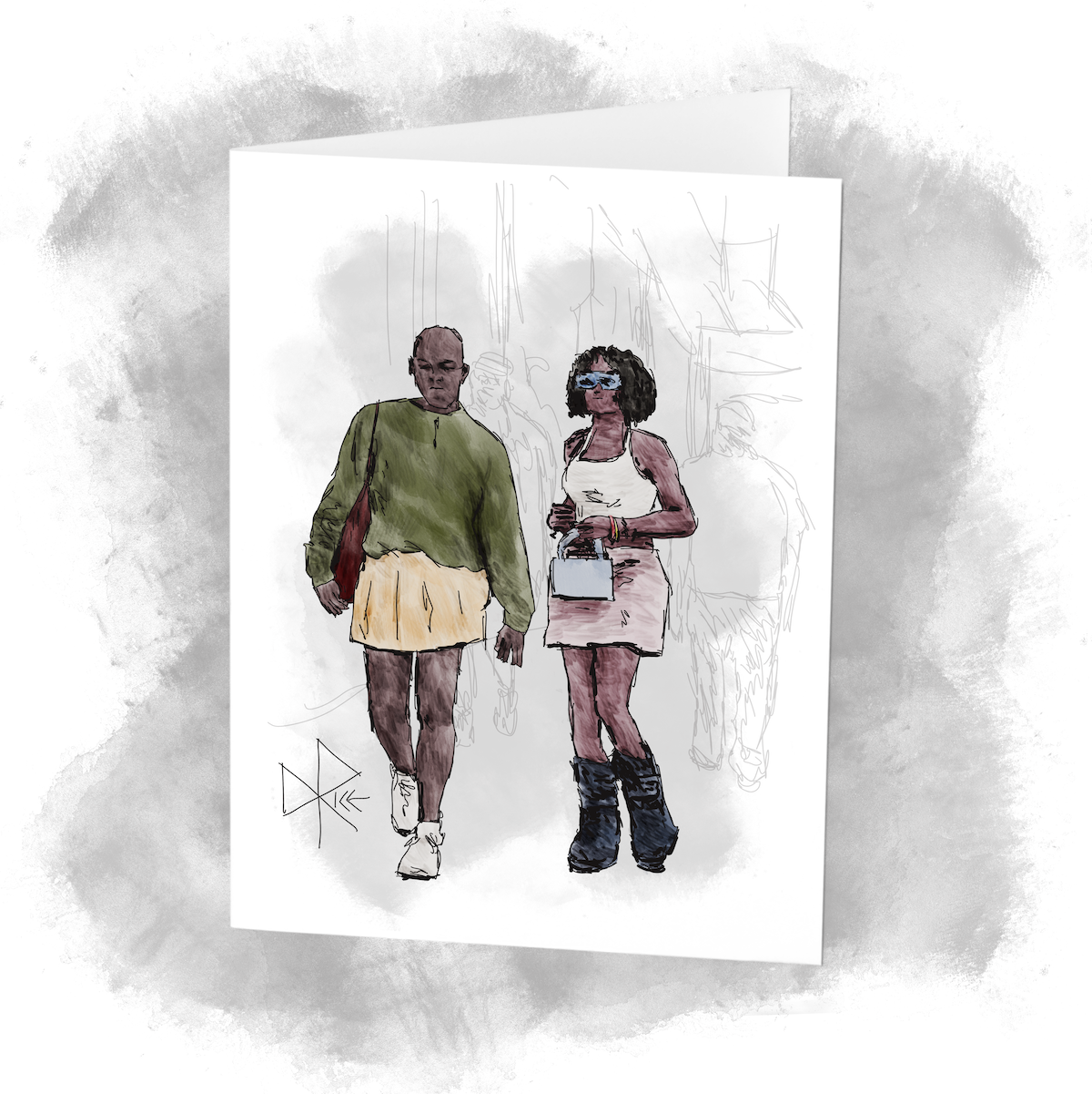 Two people stroll down a hot summer urban sidewalk while wearing lightweight tops and skirts. Sketch art by Don Rice. Two people stroll down a hot summer urban sidewalk while wearing lightweight tops and skirts. Sketch art by Don Rice.
