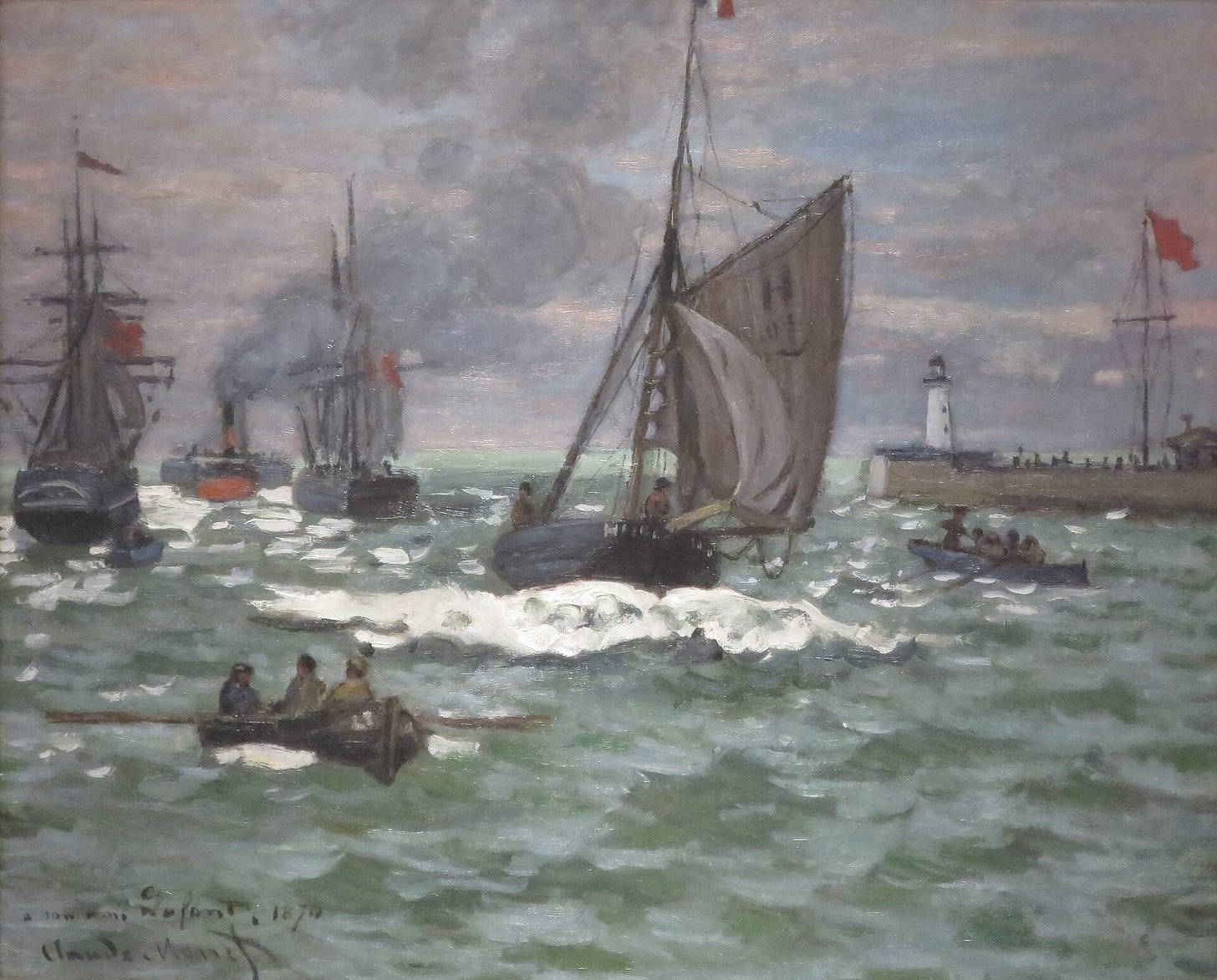 Claude Monet, The Entrance to the Port of Le Havre, c. 1867 to 1868. Norton Simon Museum, Pasadena. A plain view of the same port, with jetty and lighthouse. Claude Monet, The Entrance to the Port of Le Havre, c. 1867 to 1868. Norton Simon Museum, Pasadena. A plain view of the same port, with jetty and lighthouse.