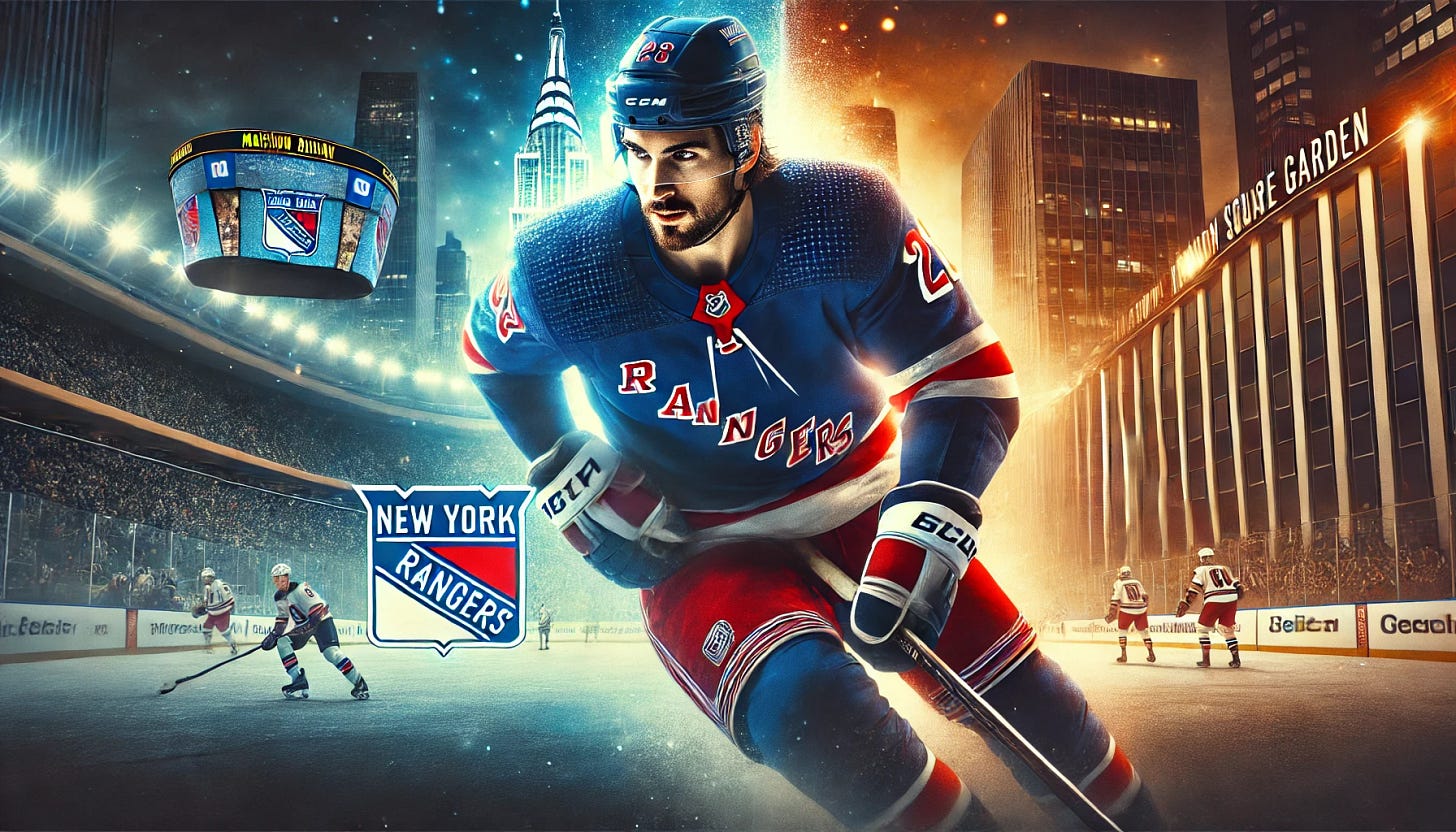 A dramatic hockey-themed banner featuring J.T. Miller in a New York Rangers jersey, dynamically skating forward with intensity in his eyes. The background is a split composition—one side showcasing the bright lights of Madison Square Garden, symbolizing hope and resurgence, while the other fades into darkness, representing uncertainty and the risk of blending into the background. The New York Rangers logo subtly integrated. The theme conveys the tension of his return: Will he reignite the team or become just another player?