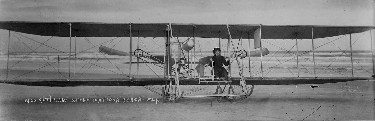 Ruth Law seated on her Wright Model B airplane on Daytona Beach. Ruth Law seated on her Wright Model B airplane on Daytona Beach.