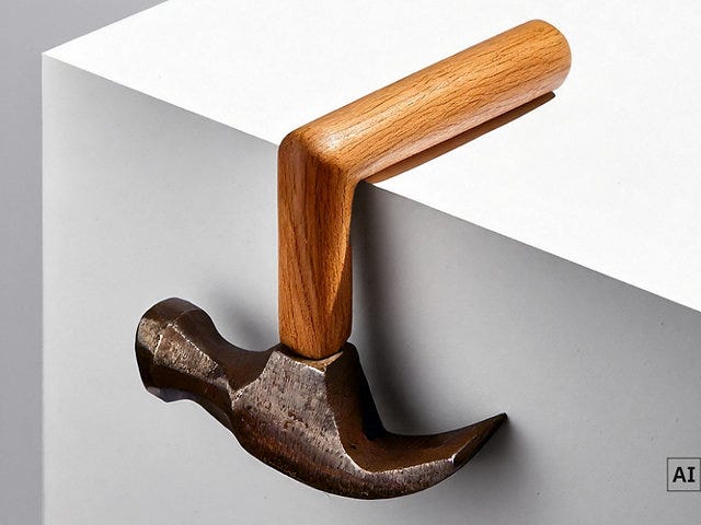 A hammer with a wooden handle attached to a white wall.