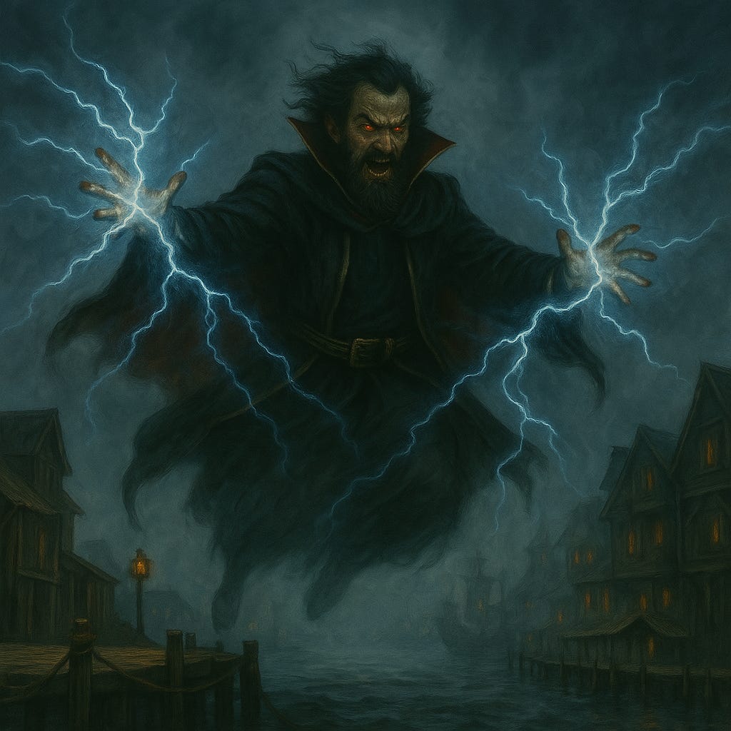 create an image of the evil wizard Bargle hovering over the harbor of Fogor Isle, magic crackling about him create an image of the evil wizard Bargle hovering over the harbor of Fogor Isle, magic crackling about him