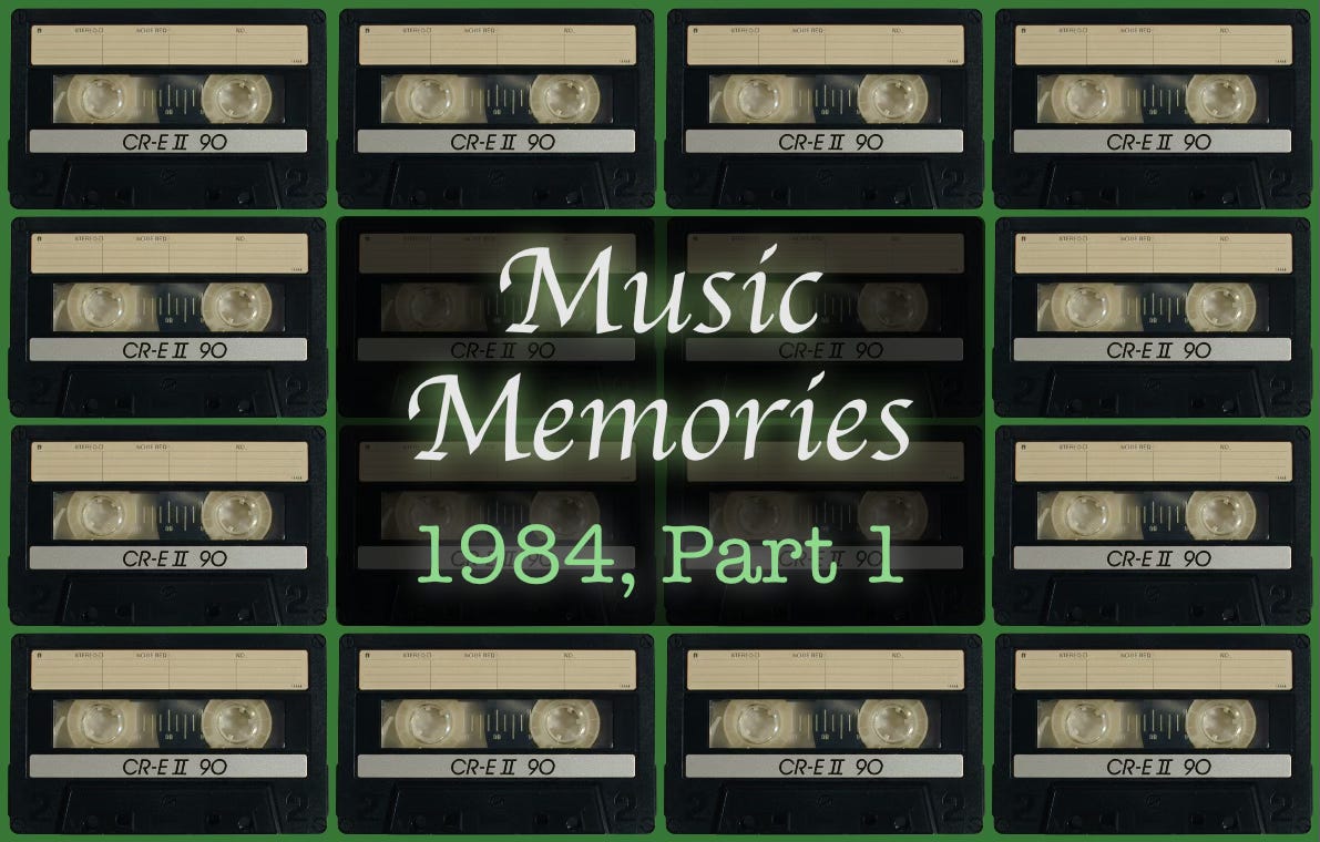 A grid of cassette tapes with the words, "Music Memories, 1984, Part 1". 