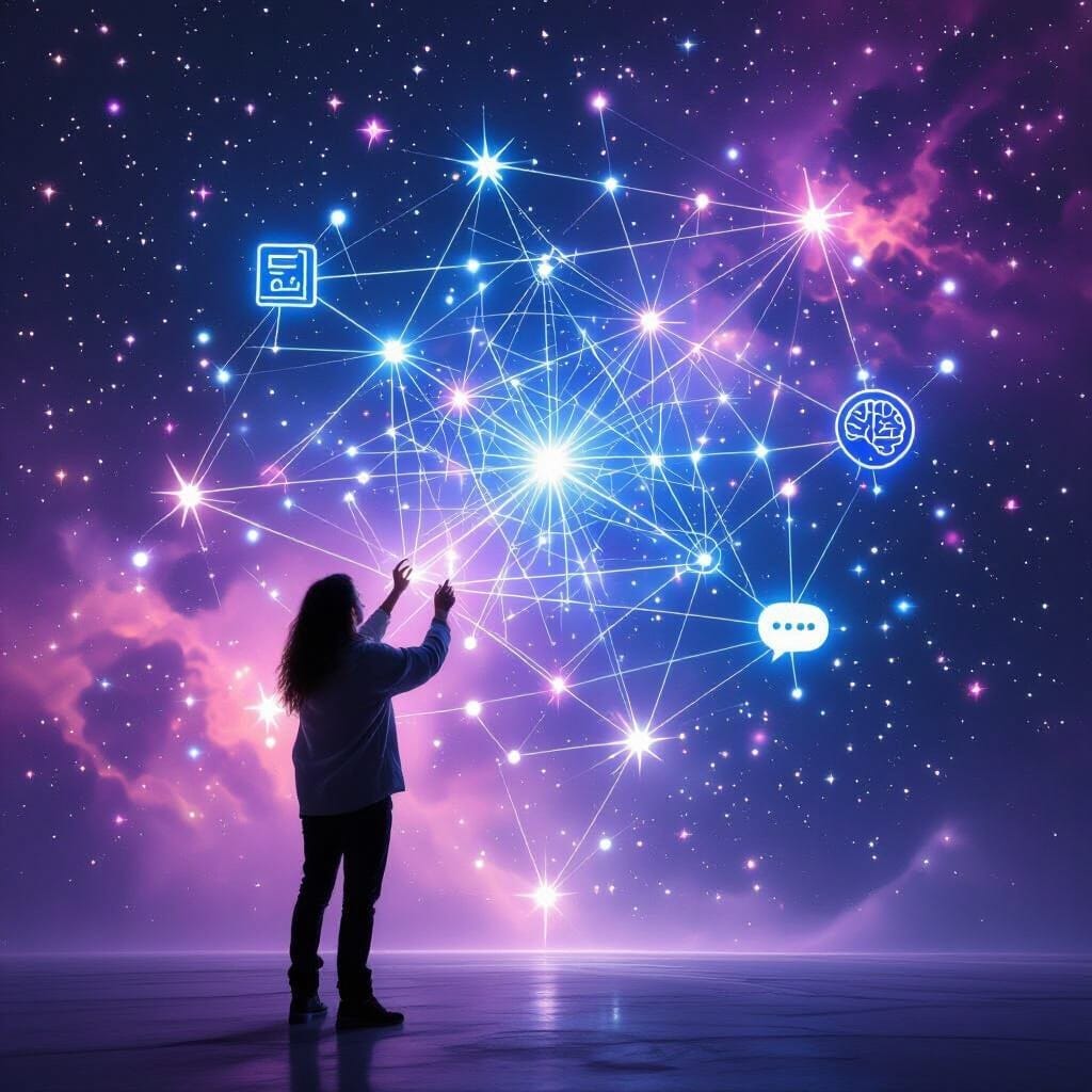 An artist standing before a massive, dark void. They are using their hands to draw glowing lines of light between floati...