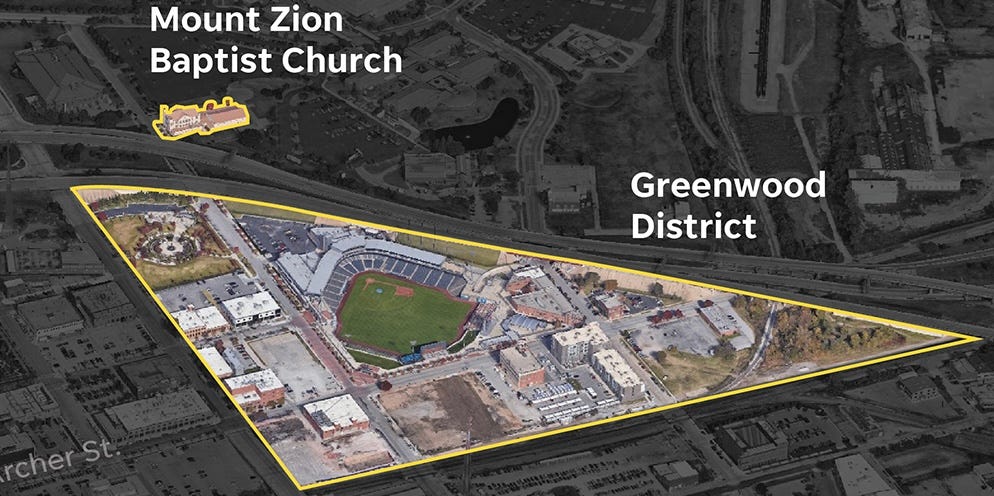 Map of greenwood today with ballpark dominating