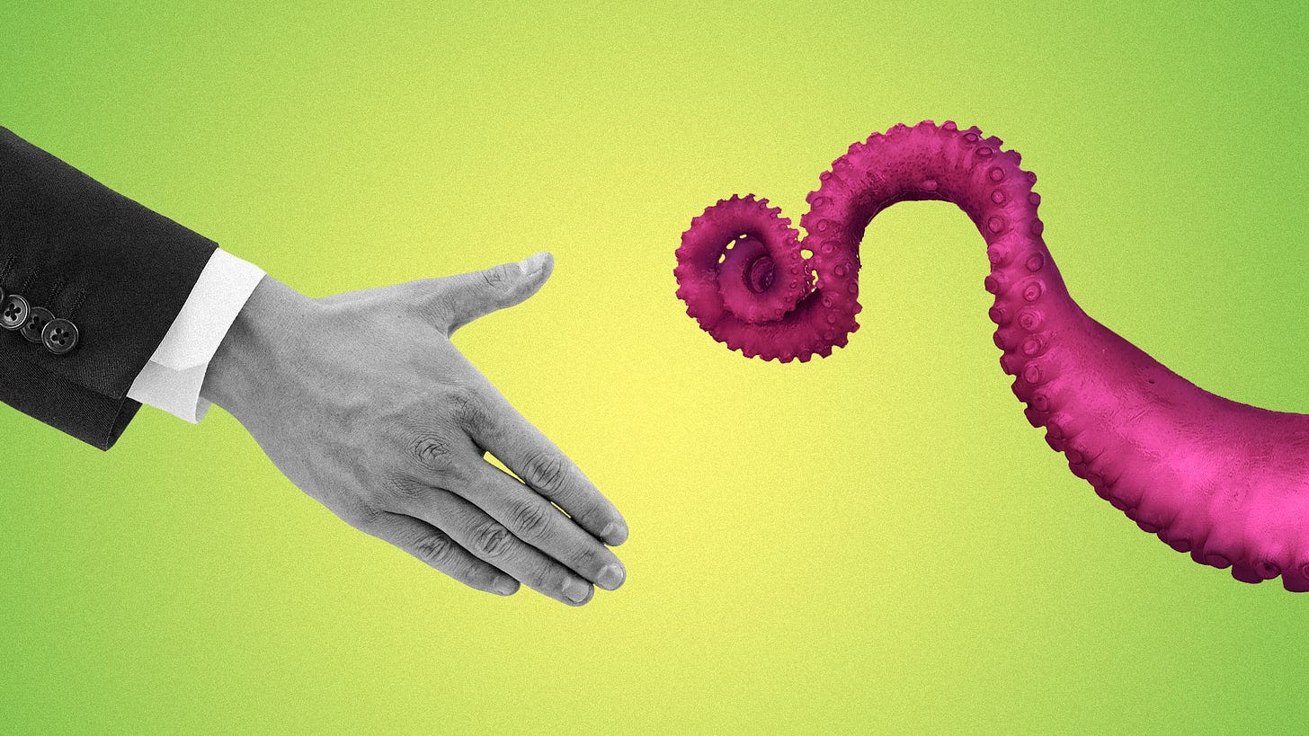 Illustration of a tentacle about to shake hands. Illustration of a tentacle about to shake hands.