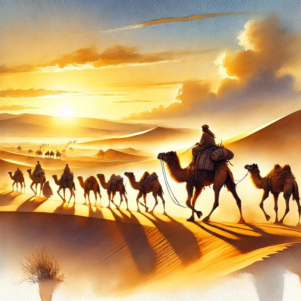 A serene watercolor scene of a desert at sunrise, with amber and golden hues illuminating sand dunes. A caravan of camels is trekking across the desert, with Rashid, a seasoned camel with a calm demeanor, leading the group. Younger camels in the background appear energetic and playful, kicking up small clouds of sand. The composition captures the vastness of the desert with soft, flowing brushstrokes, blending warm tones of orange, yellow, and light brown, while the morning sky transitions from deep blue to pale peach. The atmosphere feels tranquil yet full of life.
