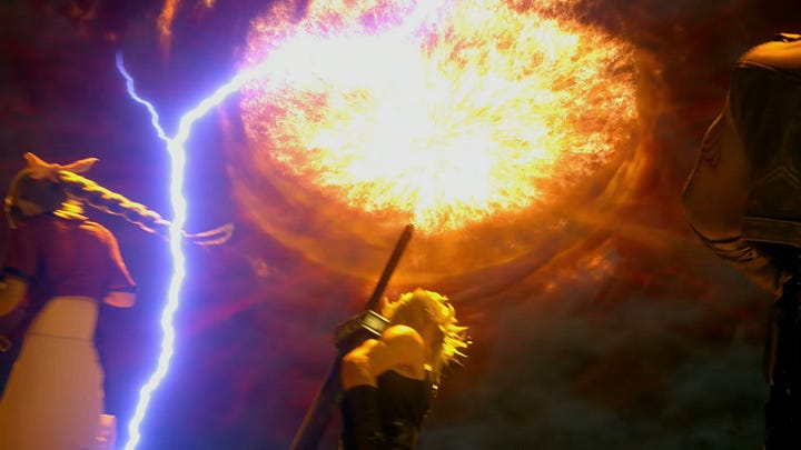 Transition from Whisper Harbinger to Sephiroth reminds of Holy and Meteor in the original game's ending.