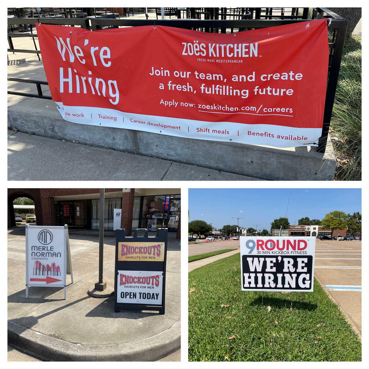 A collection of temporary signs on the southeast corner of Denton Tap and Sandy Lake