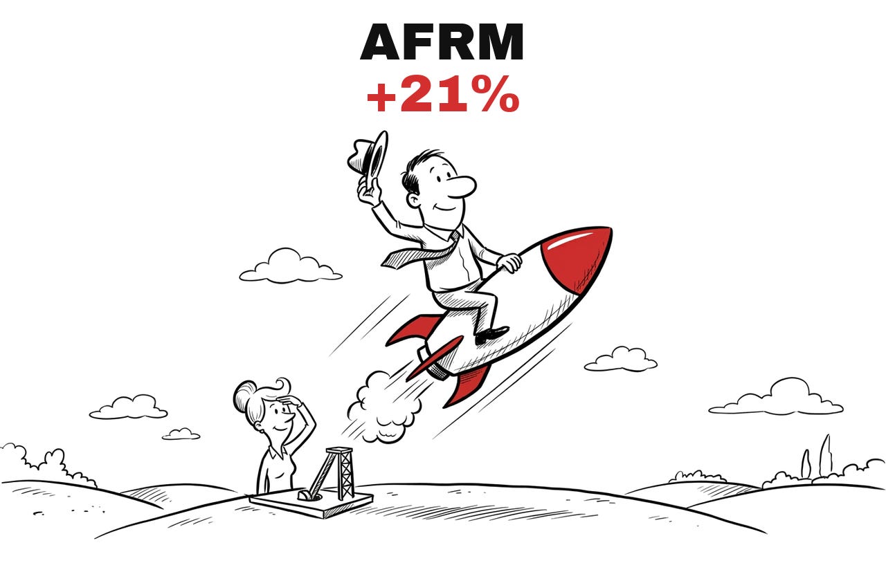 Trade Exit AFRM, +21%. Hand-drawn cartoon: the man rides a rocket upward and waves his hat, the woman watches from below.