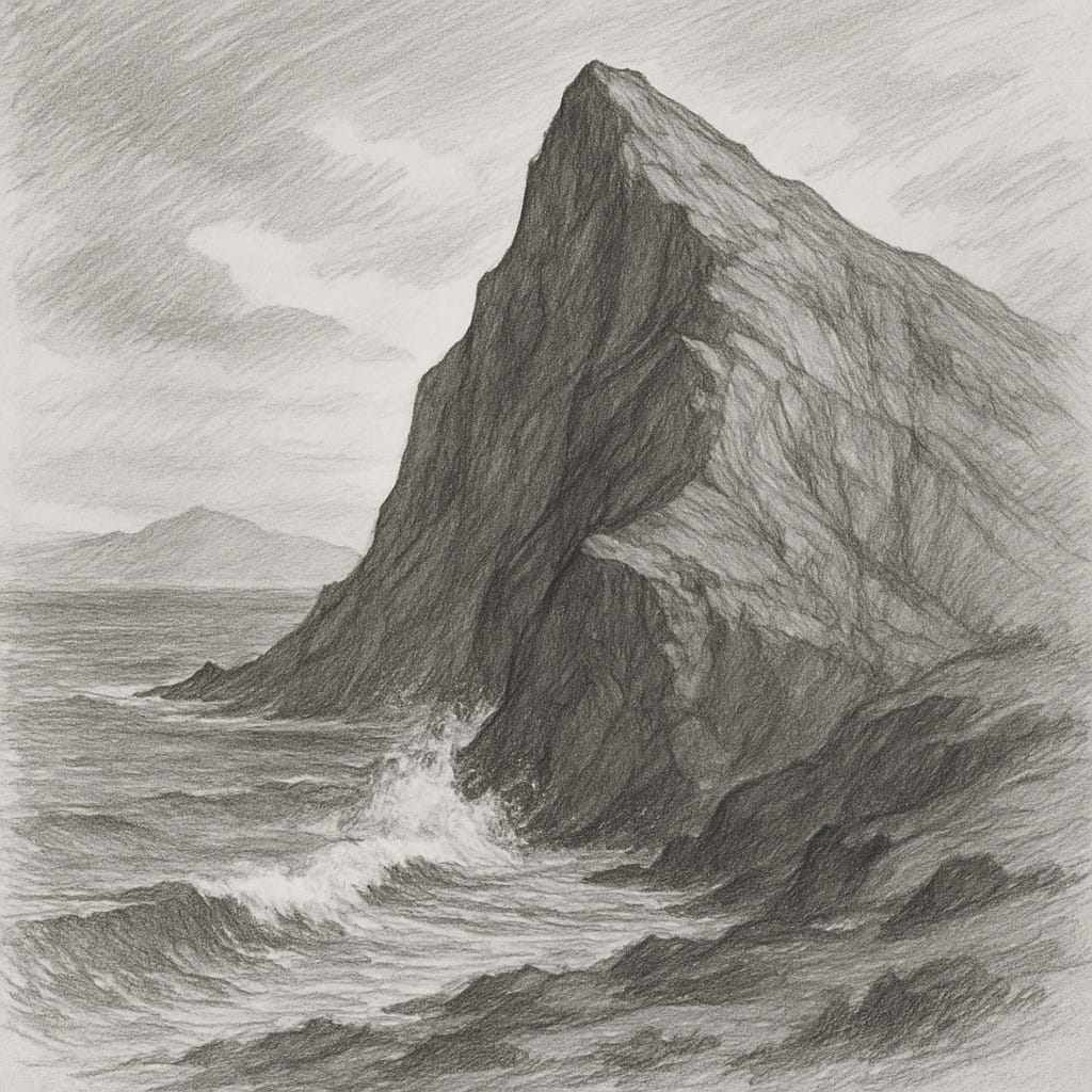 a massive, jagged natural landform confronting dynamic water, in an open, powerful environment of wind and sky, overwhelming to human scale.