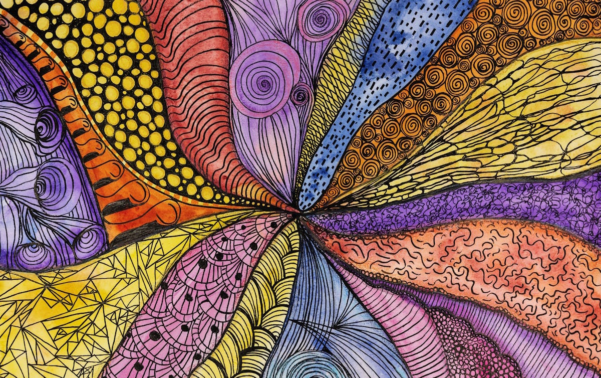 Colourful doodle spreading out from a central point