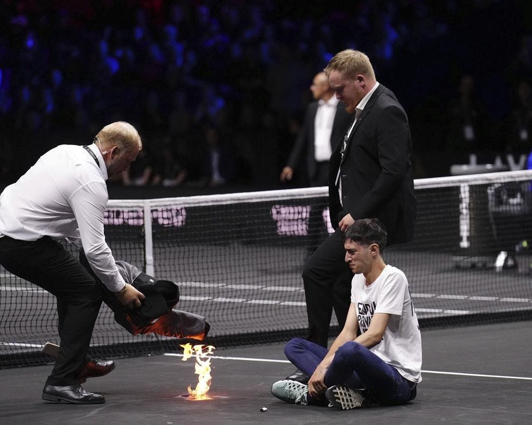 Laver Cup protester sets court, arm on fire, delays match |  ThePeterboroughExaminer.com