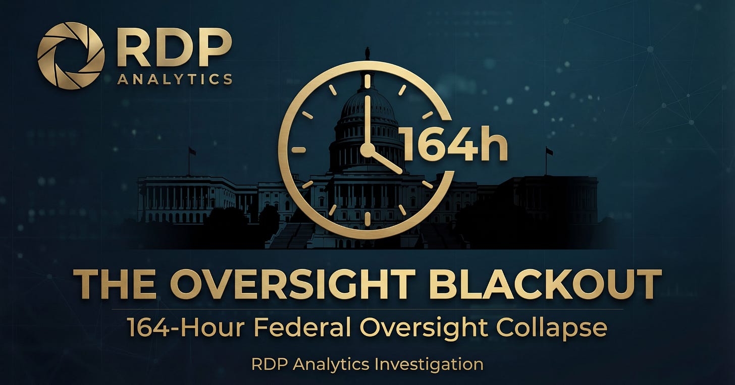 The Oversight Blackout, showing the RDP Analytics mark, a clock motif labeled 164h, and the title of the case study on a dark teal background.