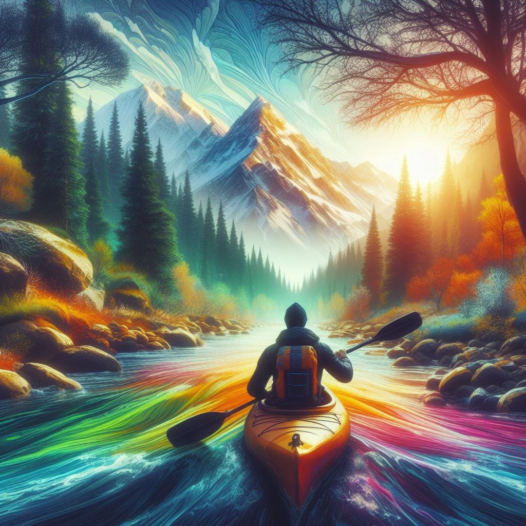 powerful, colorful, inspirational wide angle image of a river in a forest with tree, mountains, and snow and a man shown from the back holding a single paddle, sitting in a kayak ready to embark on the journey for adventure, purpose, passion, and fun.