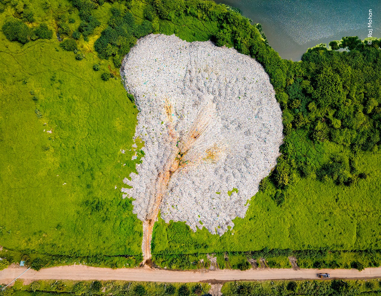 This is an aerial picture of a landfill in the middle a of pristine green wetland, next to a stream of water. The landfill looks like an alveola of waste in the middle of the landscape. It seems to blend with its environment due to its organic shape, but strikes a contrast by its content, plastic white amid a green lush environment.