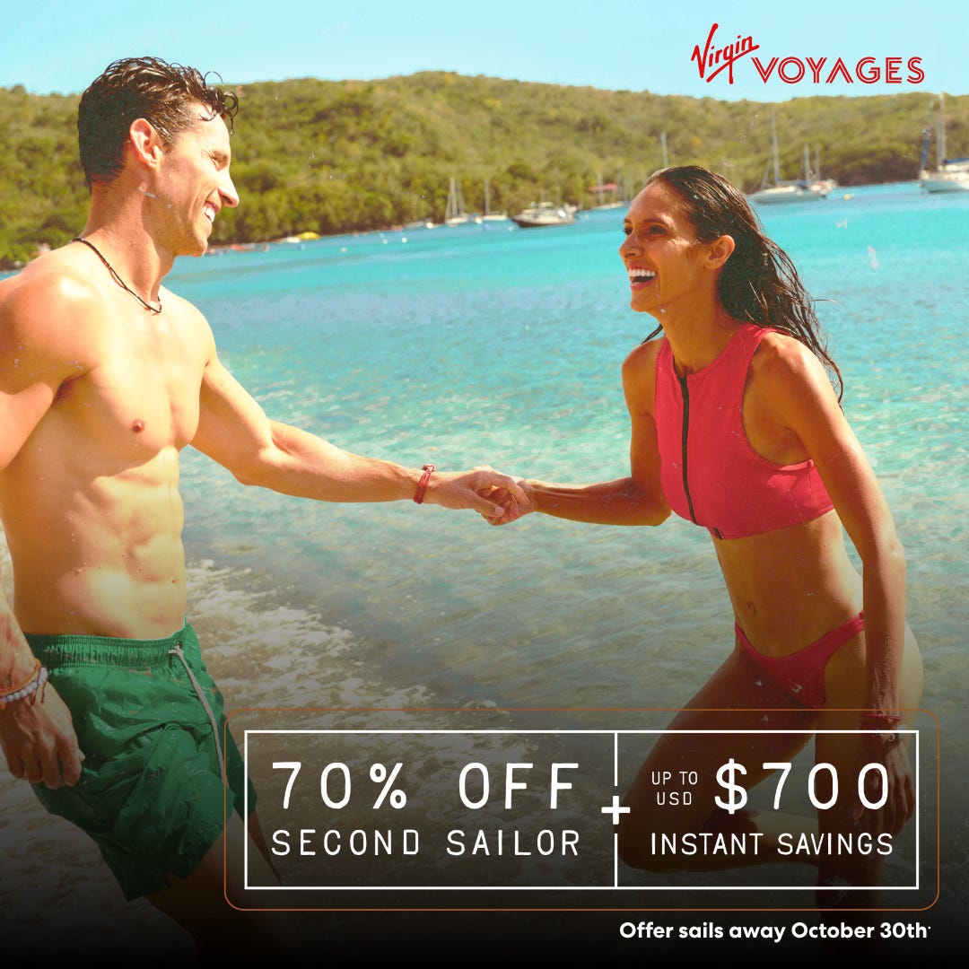 Two people holding hands and smiling on the beach with the text: "70% off second sailor + up to $700 USD instant savings"