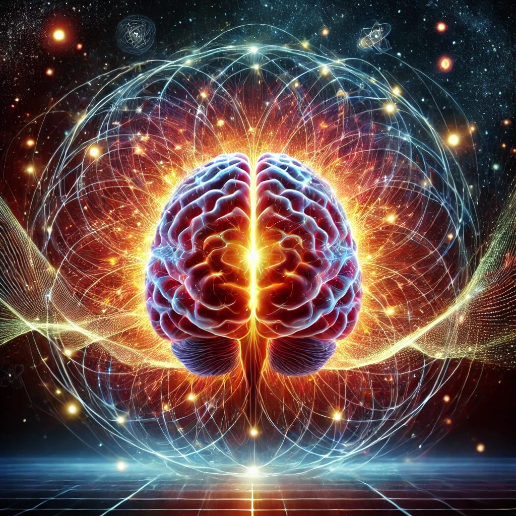 A visually striking representation of the human brain surrounded by vibrant electromagnetic fields, depicted with glowing lines and patterns to illustrate energy flow and connection. The brain is set against a dark, starry background with hints of quantum particles to symbolize the intersection of neuroscience and quantum physics. The image conveys a sense of mystery, complexity, and the pursuit of understanding consciousness.