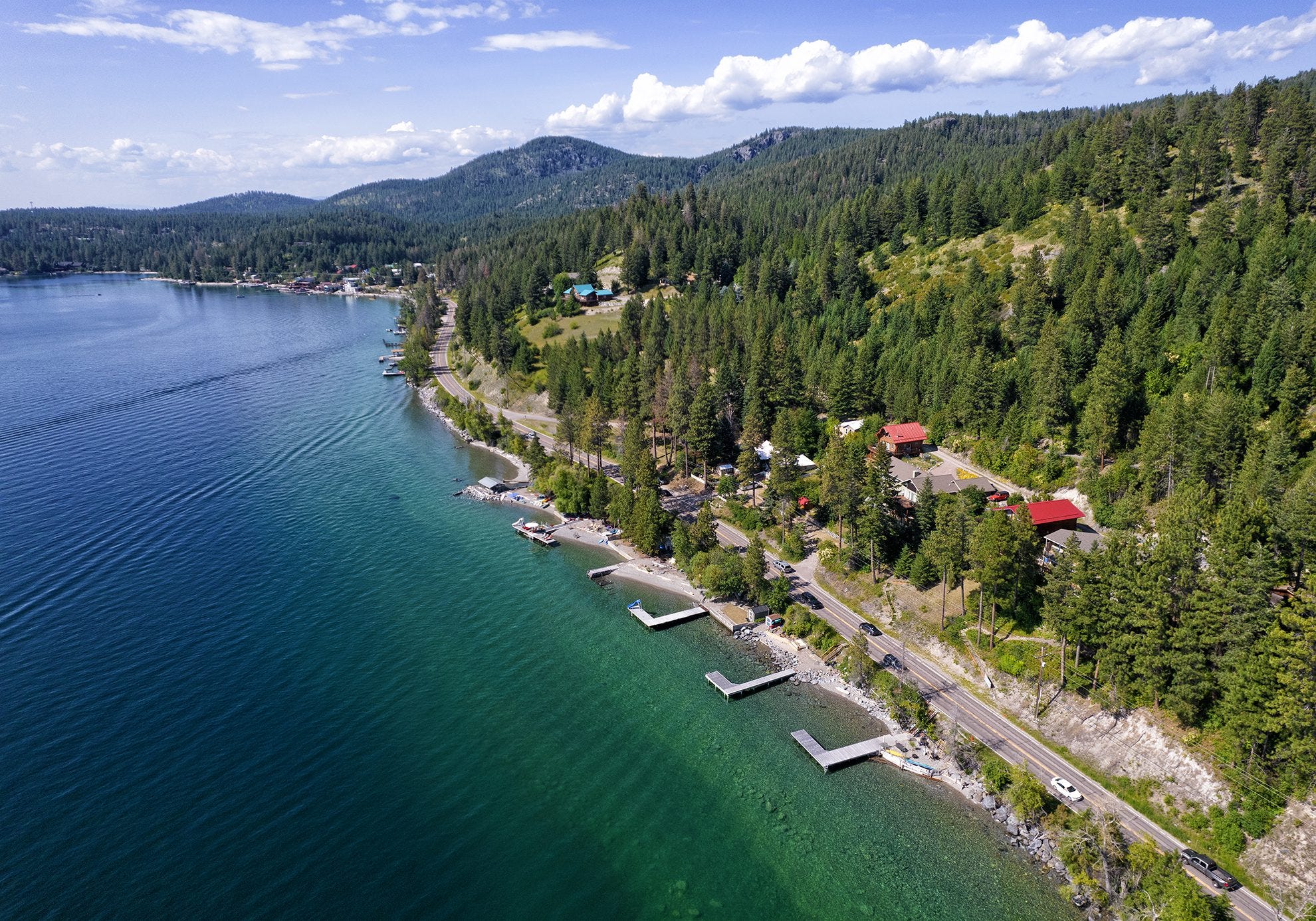 An aerial view of docks on the eastern shore of Flathead Lake in 2023, the last time the lake did not hit full pool due to drought. An aerial view of docks on the eastern shore of Flathead Lake in 2023, the last time the lake did not hit full pool due to drought.