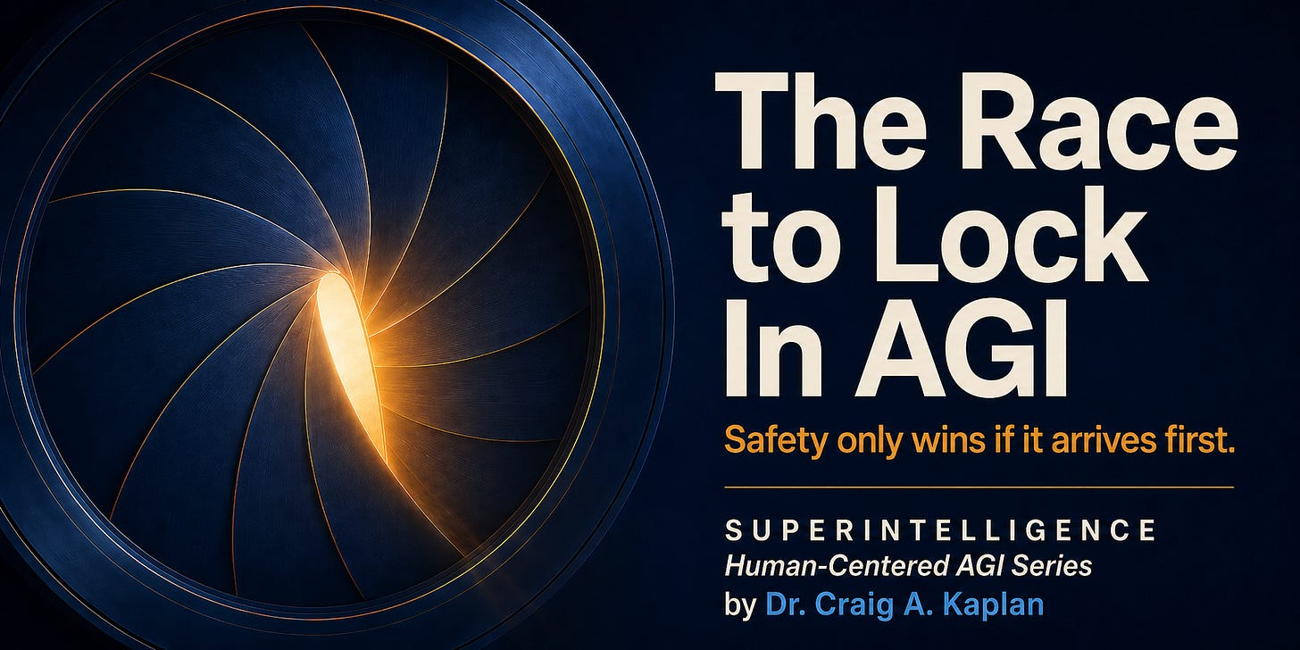 Substack cover with a deep navy background, a large camera-iris aperture closing around a narrow amber slit of light, and bold text reading “The Race to Lock In AGI” with the subtitle “Safety only wins if it arrives first.”