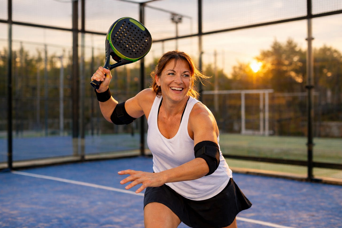 Femme jouant au padel avec coudière suite blessure