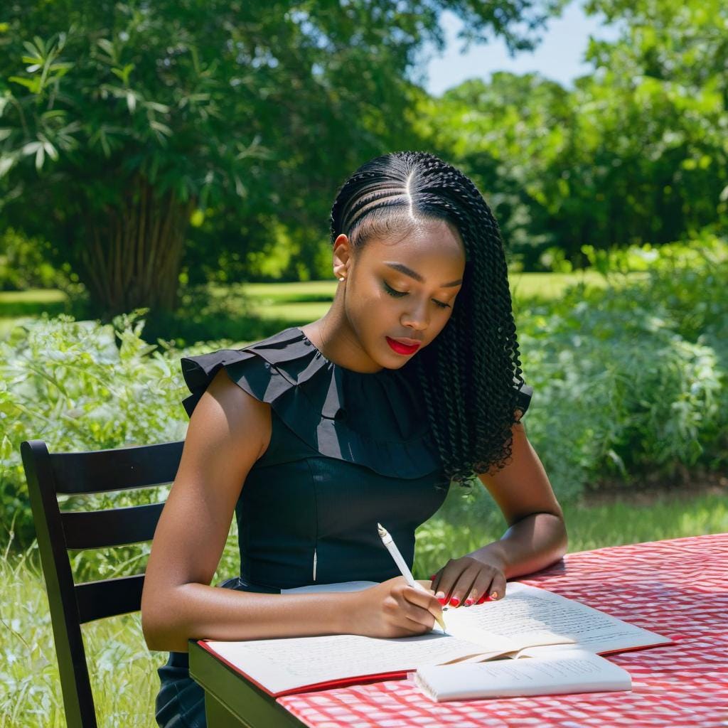 Young youthful African American Woman wearing black and red writing a letter in the summertime writing a letter on a book at a table