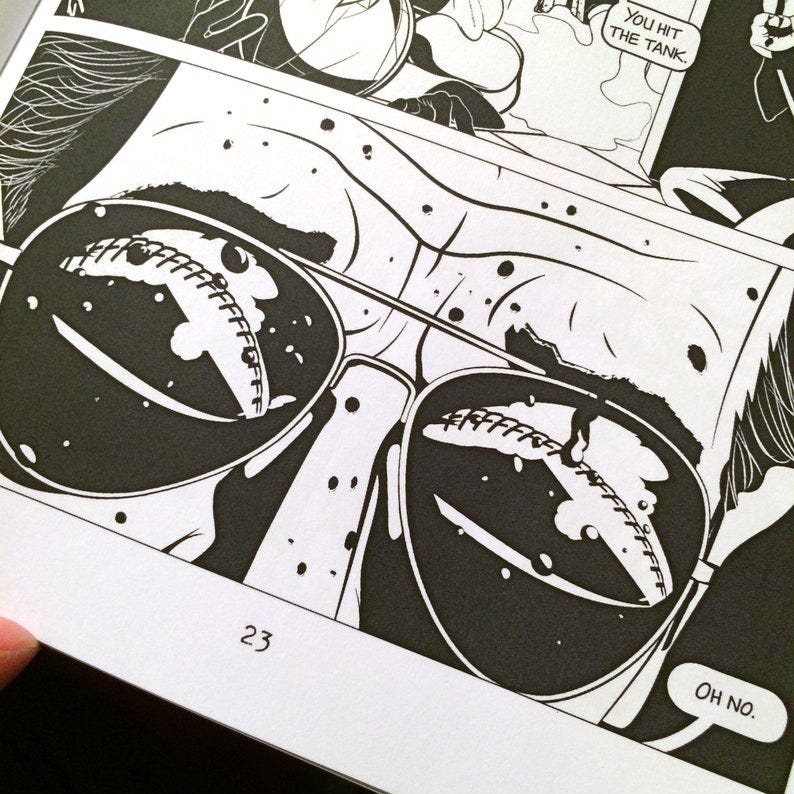 May include: A black and white comic book panel depicting a close-up of a person's face wearing sunglasses. The person's eyes are closed and there is a tear running down their cheek. The text 'OH NO.' is in a speech bubble in the bottom right corner of the panel. The number '23' is in the bottom left corner of the panel.