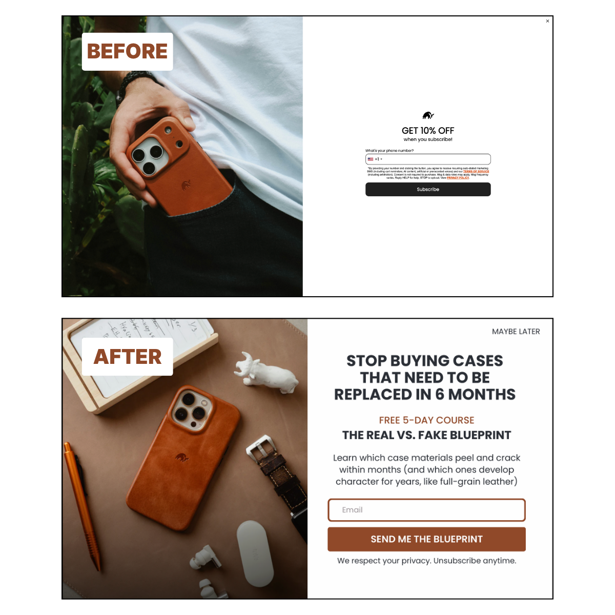 before and after popup of Bullstrap brand with lifestyle photos of an iPhone in a leather phone case