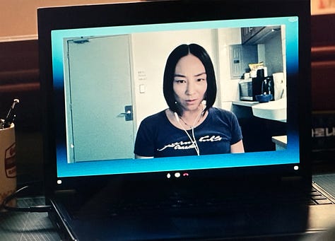 The Skype call. Nora and Hae Sung in Past Lives.