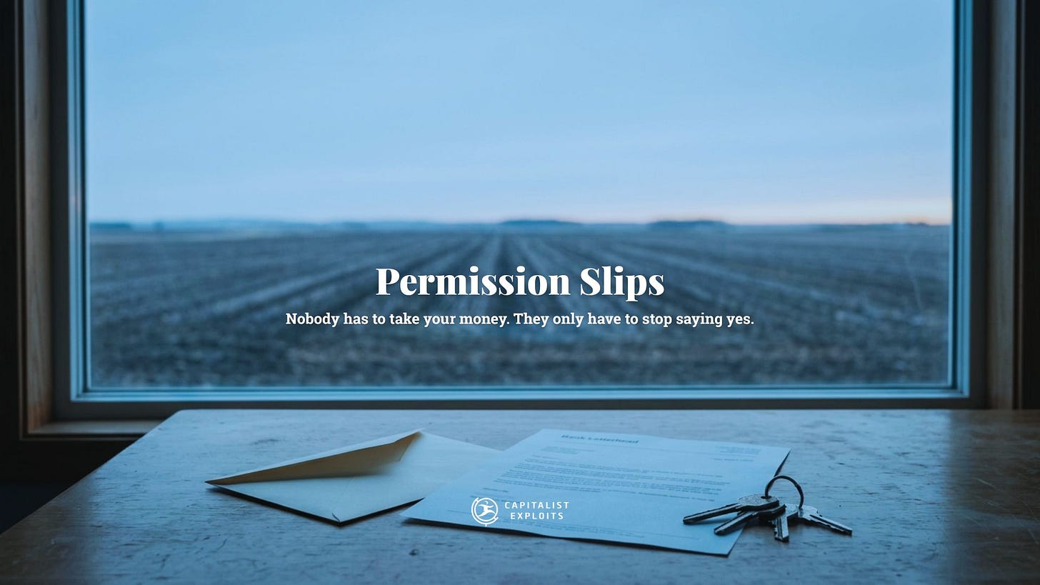 Permission Slips article header with bank letter and keys on desk overlooking farmland Permission Slips article header with bank letter and keys on desk overlooking farmland