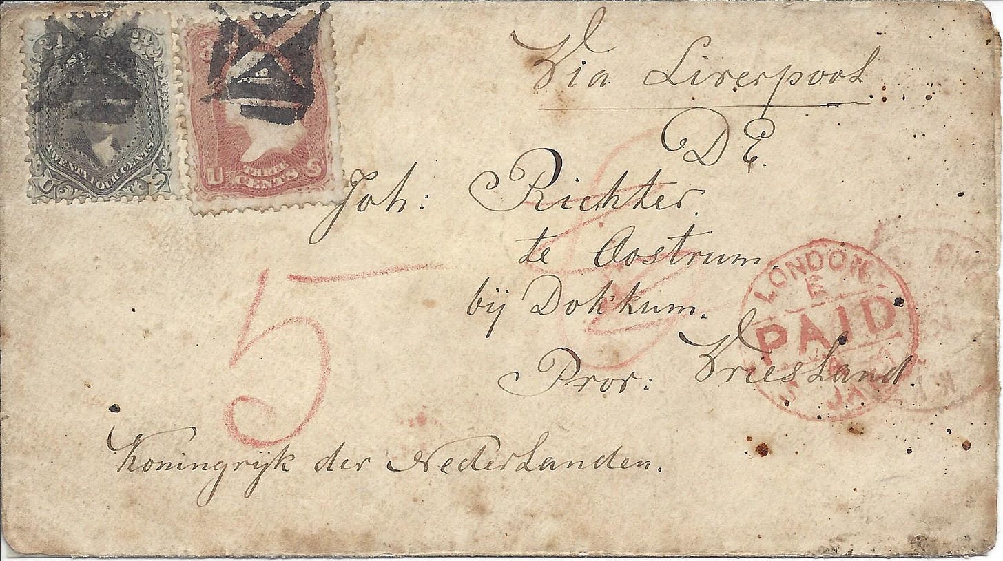 1866 cover from the US to the Netherlands