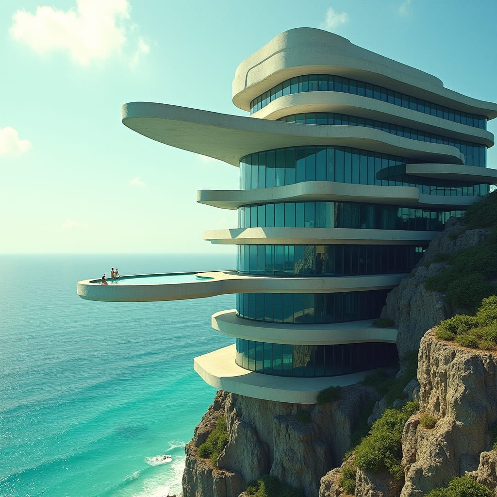 Sleek, modern Jamaican skyscraper in Ocho Rios, Jamaica, rising from the sea, with multiple levels of glimmering pools, expansive glass surfaces, and rugged concrete platforms, featuring dramatic protruding platforms at various heights, overlooking the turquoise Caribbean waters. 