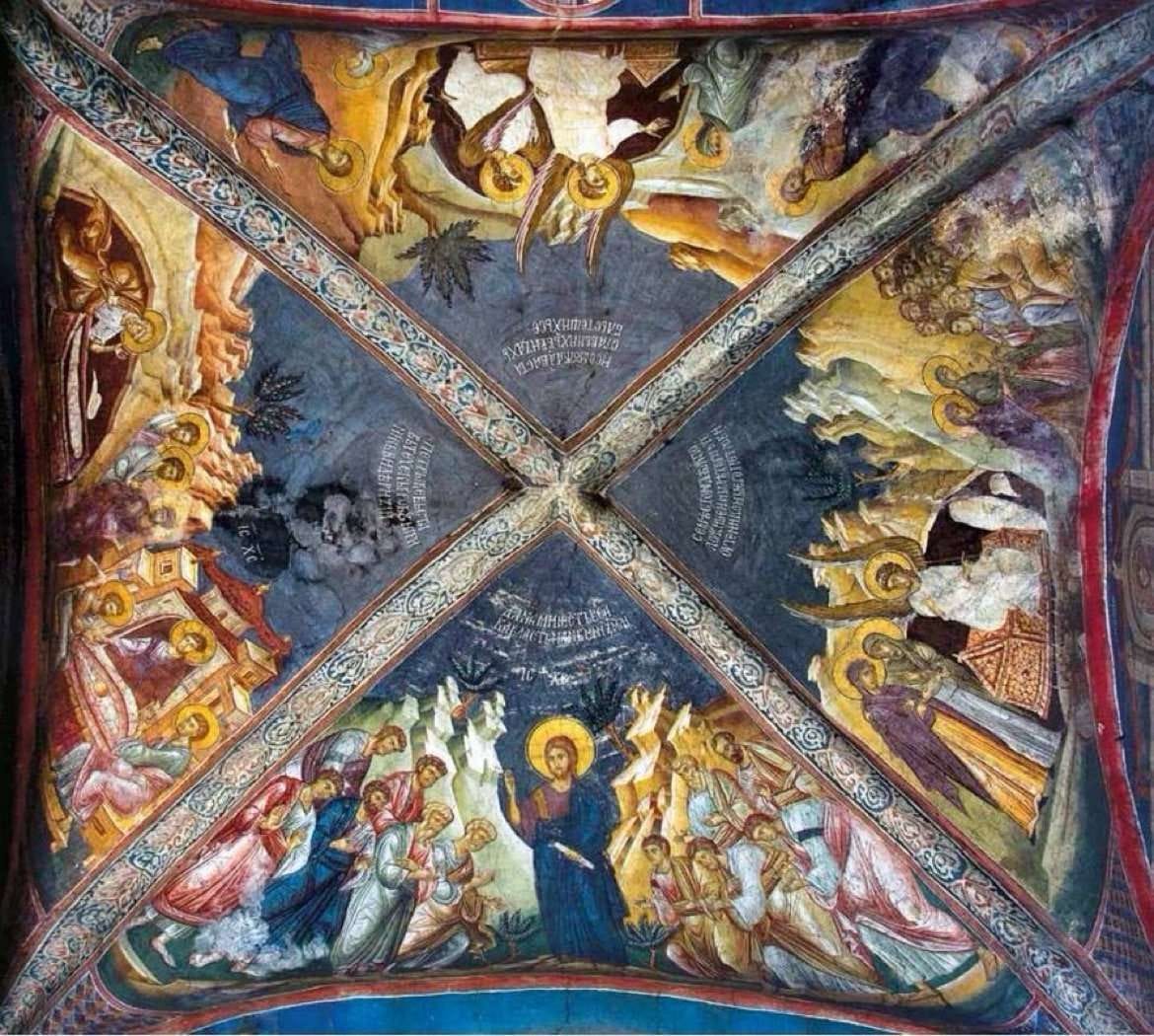 Affresco sul soffitto di Visoki Dečani, in Kosovo, raffigurante la resurrezione di Cristo. Per gentile concessione del monastero.